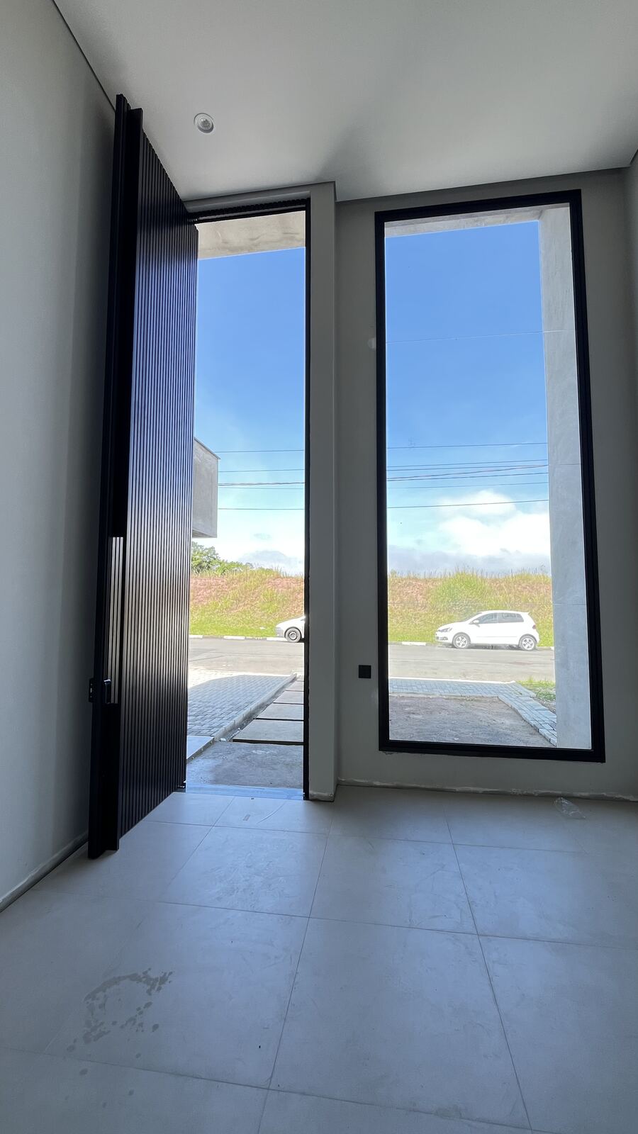 Porta pivotante de vidro com perfis de alumínio preto em residência